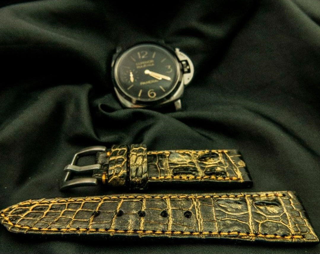 BLACK&YELLOW CROCODILE HORNBACK LEATHER STRAP