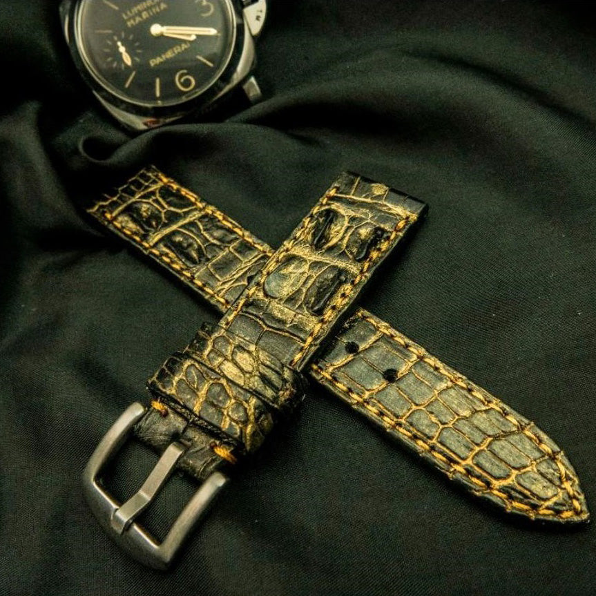 BLACK&YELLOW CROCODILE HORNBACK LEATHER STRAP