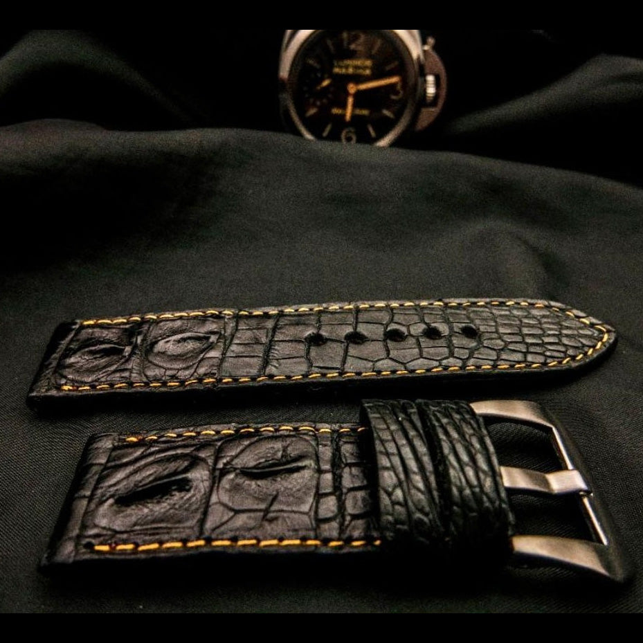 BLACK CROCODILE HORNBACK LEATHER STRAP