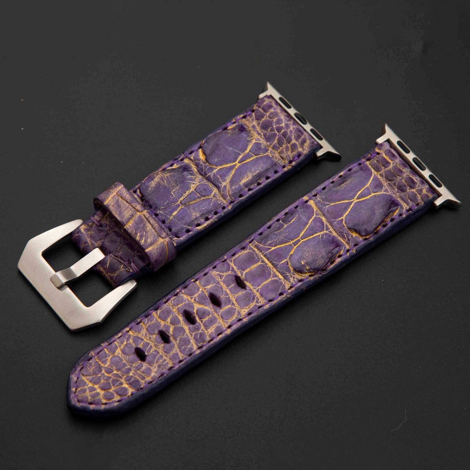 PURPLE&GOLD CROCODILE HORNBACK LEATHER STRAP