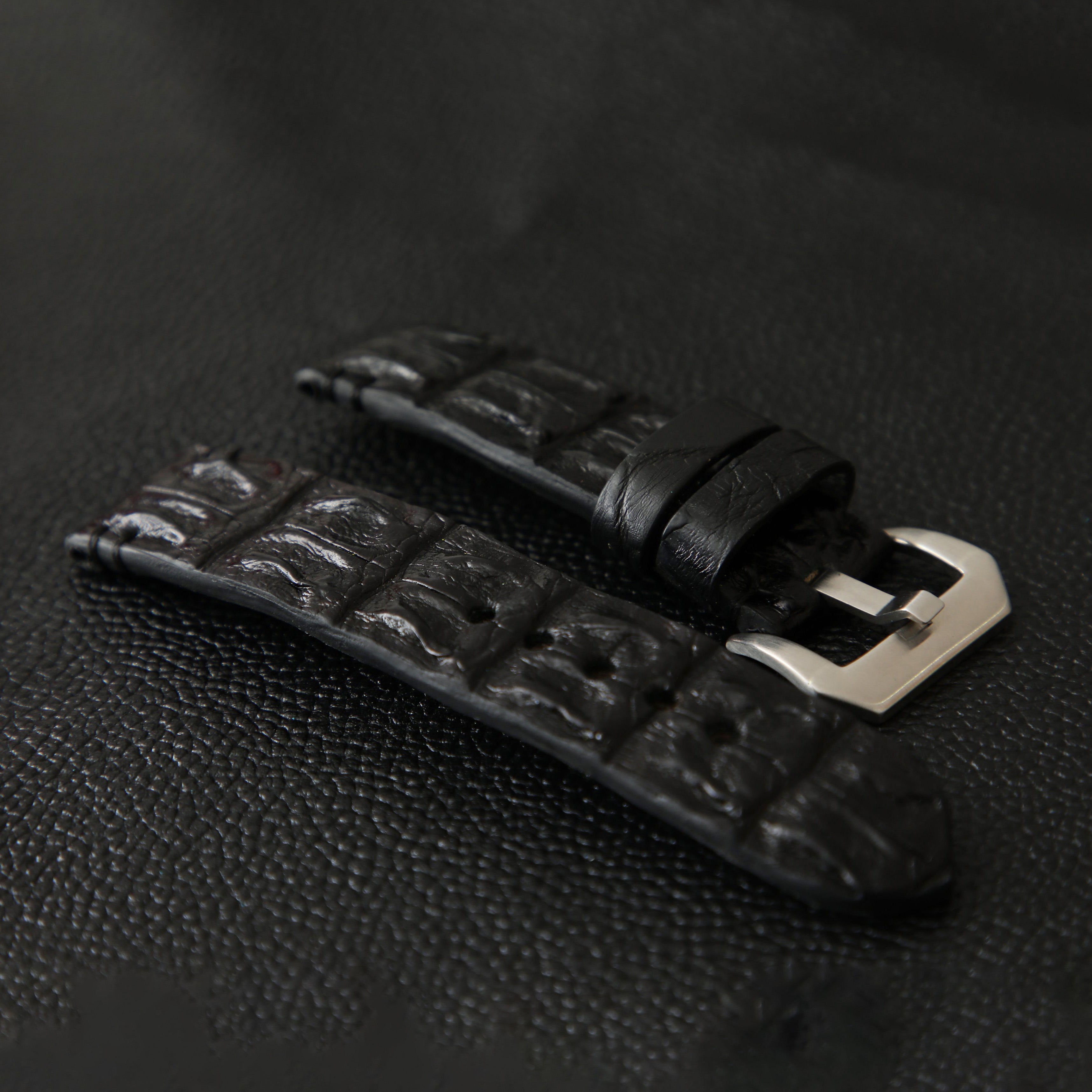 BLACK CROCODILE HORNBACK LEATHER STRAP