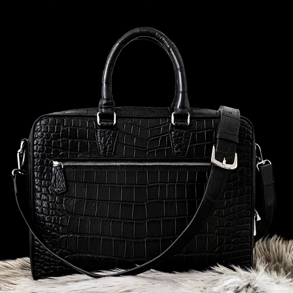 BLACK HANDMADE GENUINE CROCODILE LAPTOP BAG