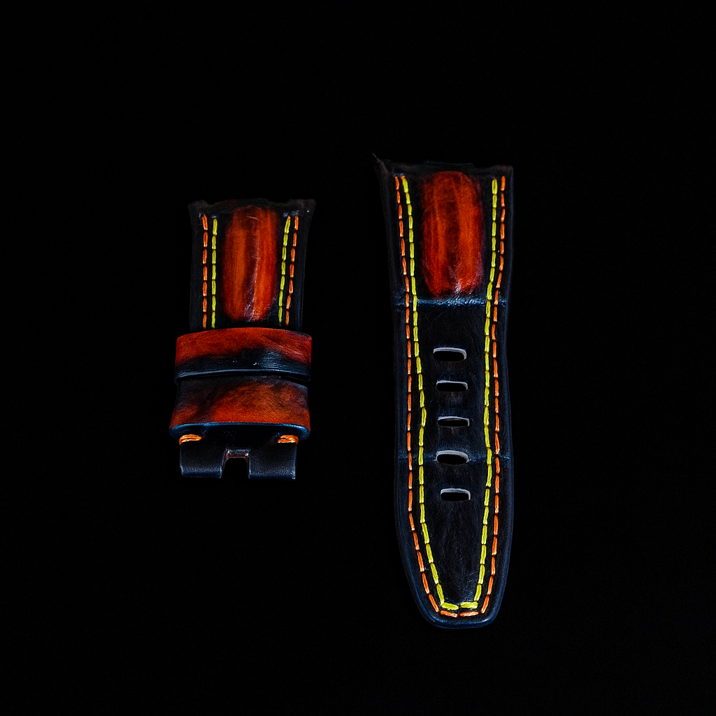 BLACK&ORANGE CROCODILE HORNBACK LEATHER STRAP