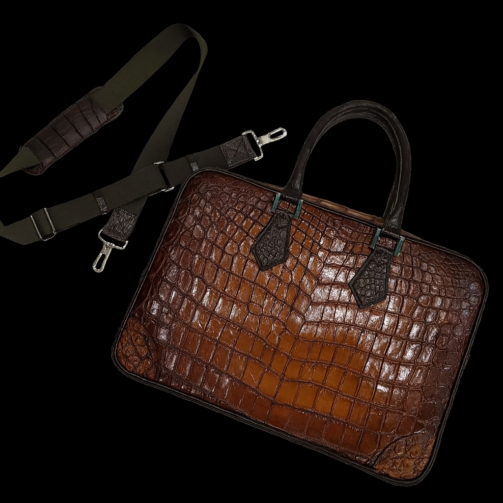 BROWN HANDMADE GENUINE CROCODILE LAPTOP BAG