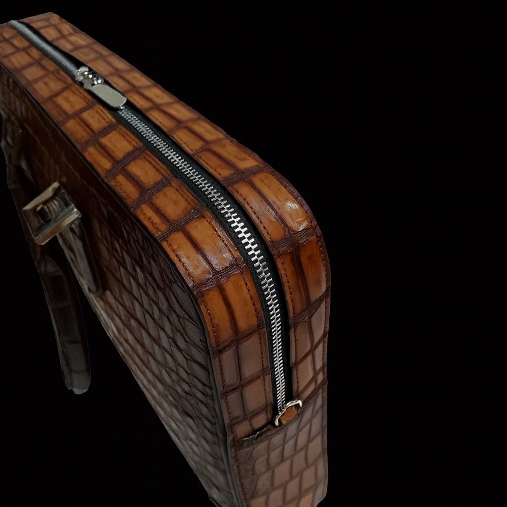 BROWN HANDMADE GENUINE CROCODILE LAPTOP BAG