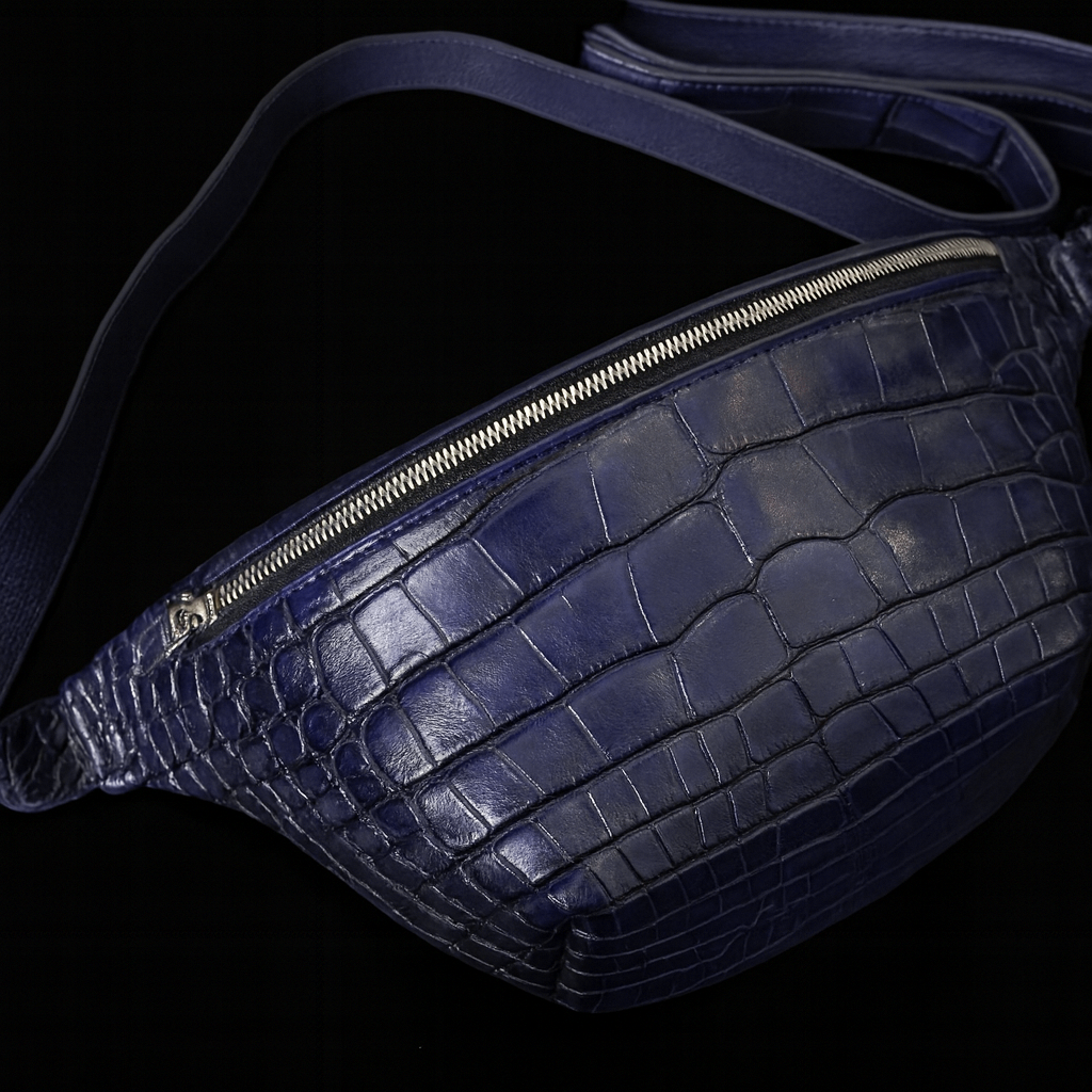 BLUE HANDMADE GENUINE CROCODILE BELT BAG