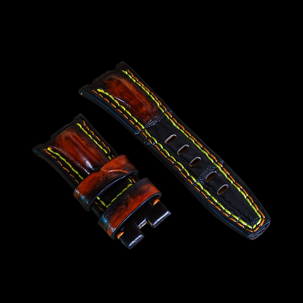 BLACK&ORANGE CROCODILE HORNBACK LEATHER STRAP