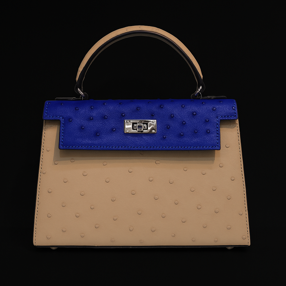 BEIGE&BLUE HANDMADE GENUINE OSTRICH LEATHER BAG