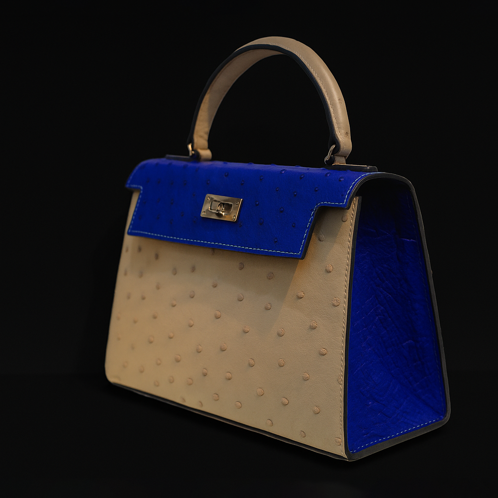 BEIGE&BLUE HANDMADE GENUINE OSTRICH LEATHER BAG
