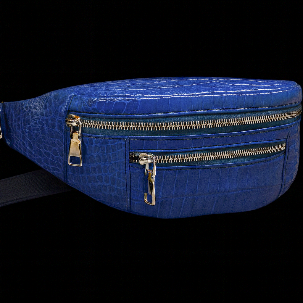 BLUE HANDMADE GENUINE CROCODILE BELT BAG