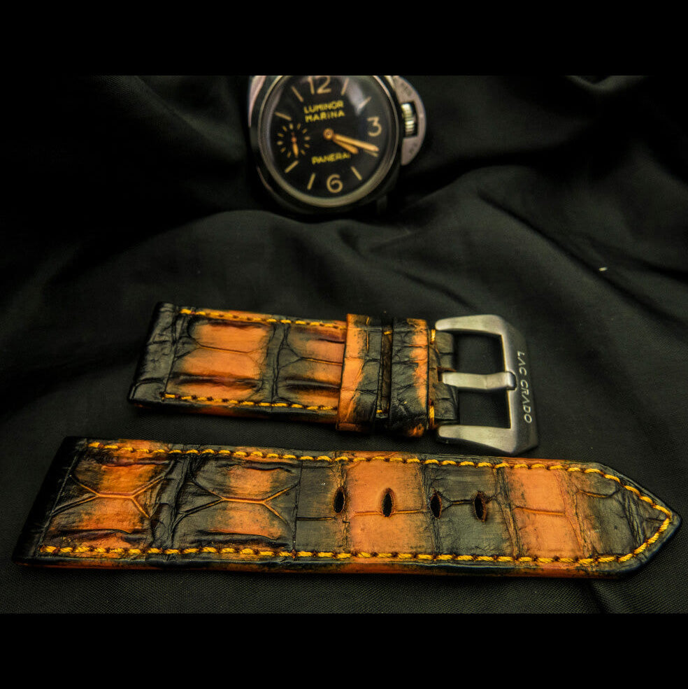 ORANGE&BLACK CROCODILE HORNBACK  LEATHER STRAP