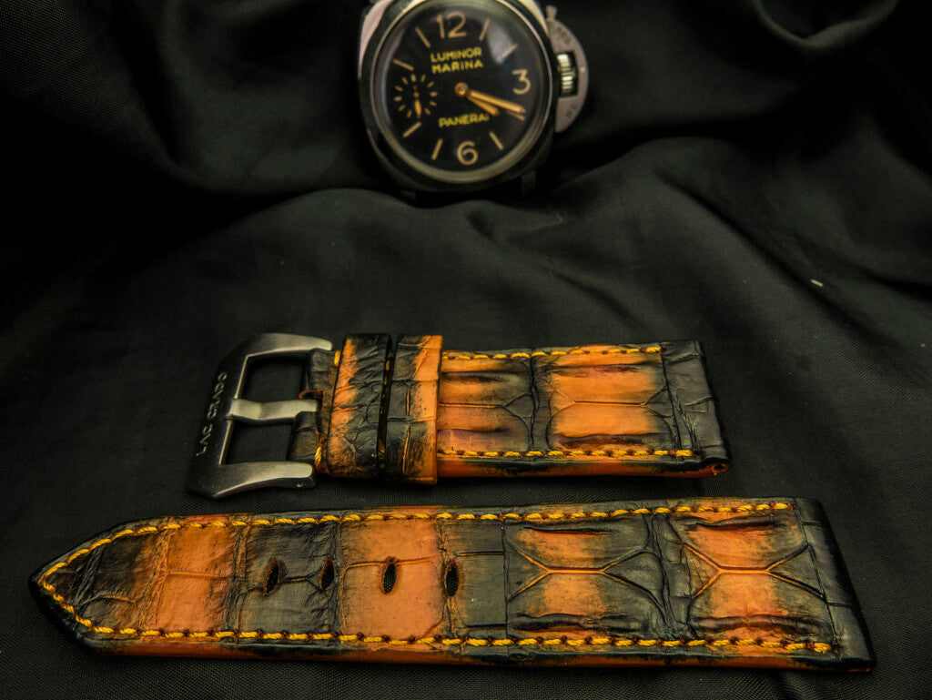 ORANGE&BLACK CROCODILE HORNBACK  LEATHER STRAP - Lac Crado 