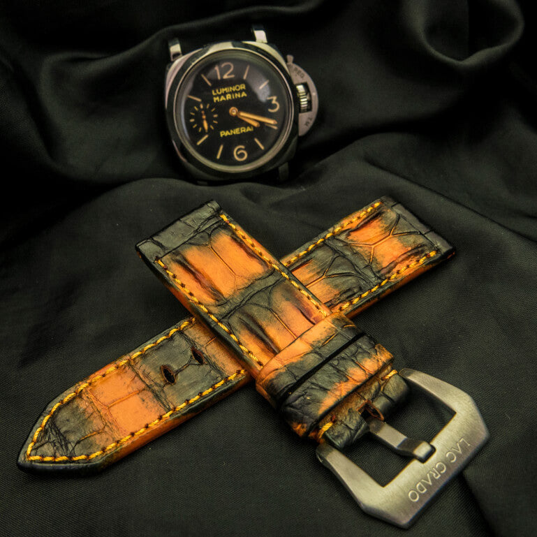 ORANGE&BLACK CROCODILE HORNBACK  LEATHER STRAP