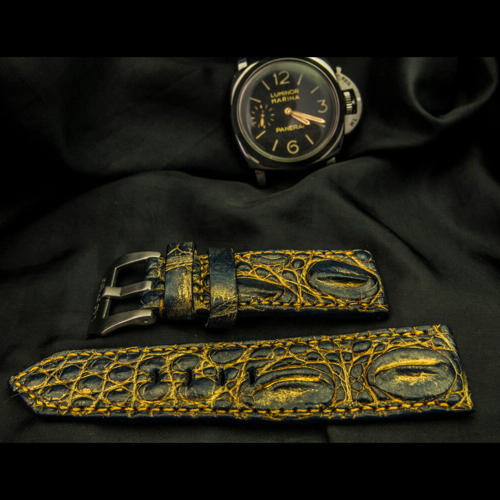 BLACK&GOLD CROCODILE HORNBACK LEATHER STRAP