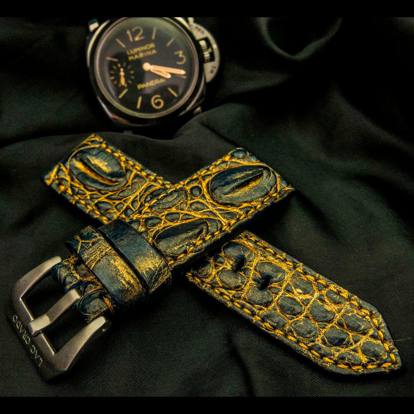 BLACK&GOLD CROCODILE HORNBACK LEATHER STRAP