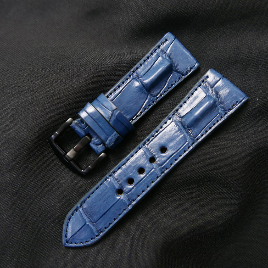 BLUE CROCODILE HORNBACK LEATHER STRAP - Lac Crado 