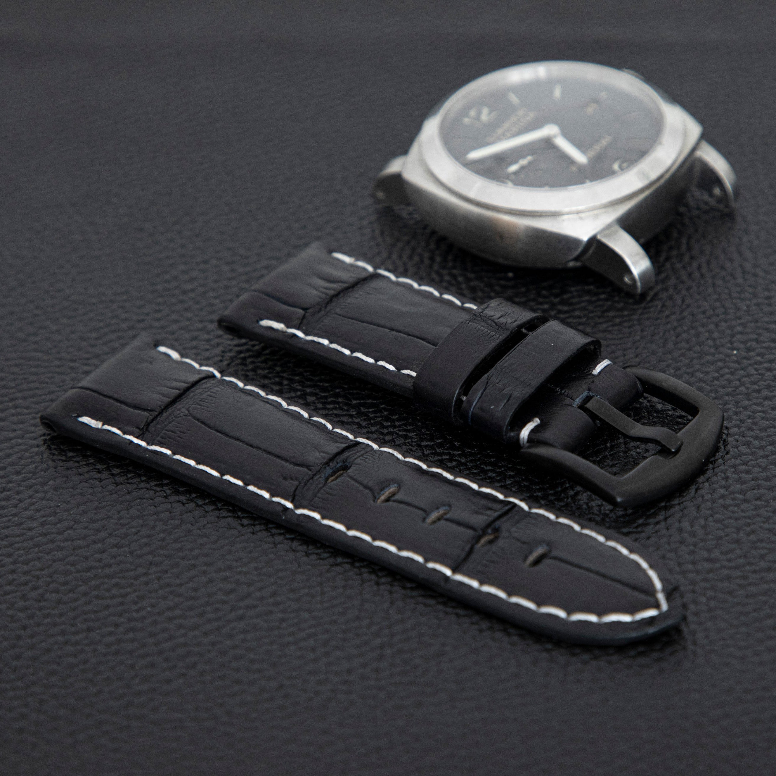 BLACK CROCODILE BELLY LEATHER STRAP