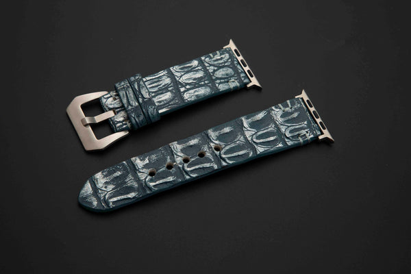 BLUE&SILVER CROCODILE HORNBACK LEATHER STRAP
