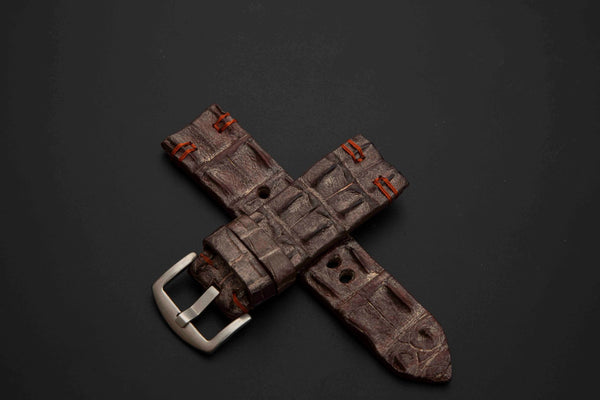 BROWN&SILVER CROCODILE HORNBACK LEATHER STRAP