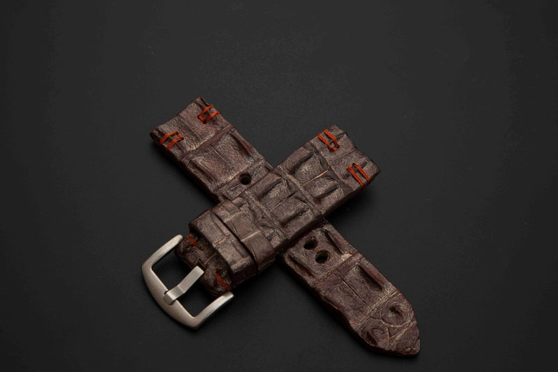 BROWN&SILVER CROCODILE HORNBACK LEATHER STRAP