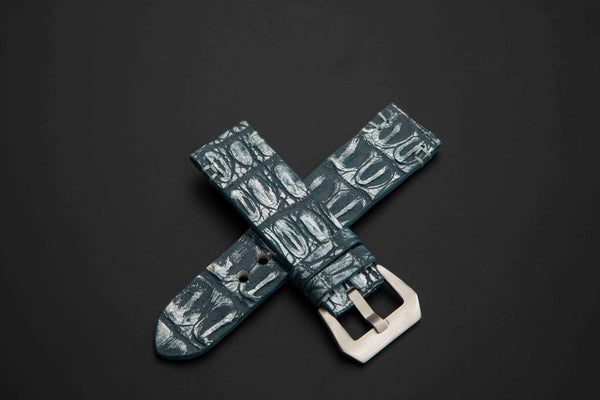 BLUE&SILVER CROCODILE HORNBACK LEATHER STRAP