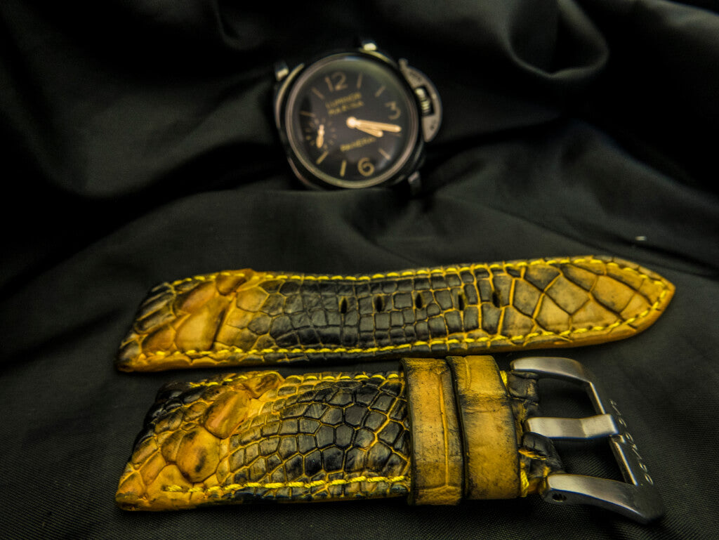 YELLOW&BLACK CROCODILE HORNBACK LEATHER STRAP - Lac Crado 